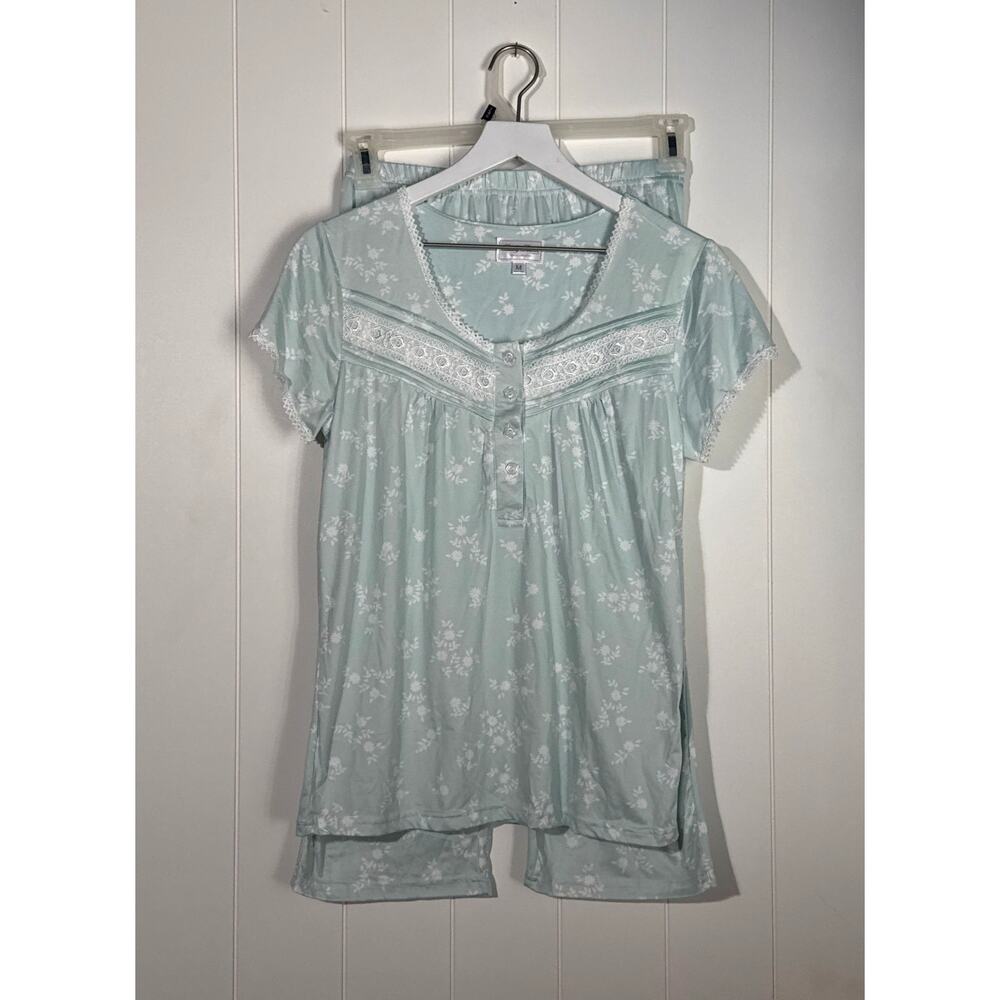 Body Touch Pajama Set Medium Mint Green Floral Knit Short Sleeve Lounge